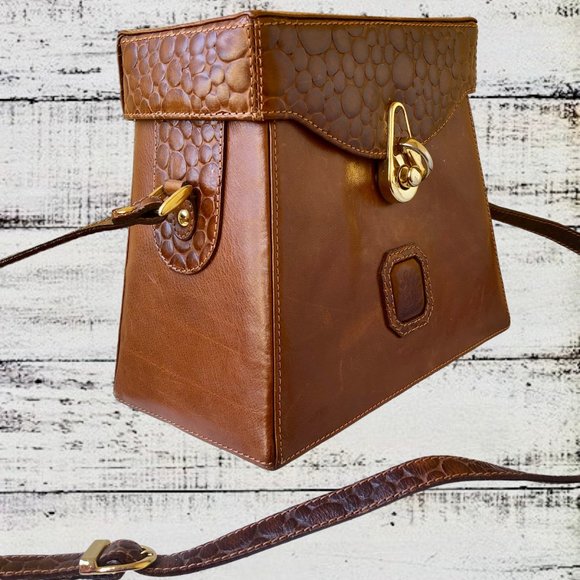 Linea Gani Brown Leather Hard Case Handbag Vintage 70's Crossbody Croc Trim - Picture 13 of 15
